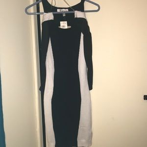 Black and white body con dress with sheer sleeves